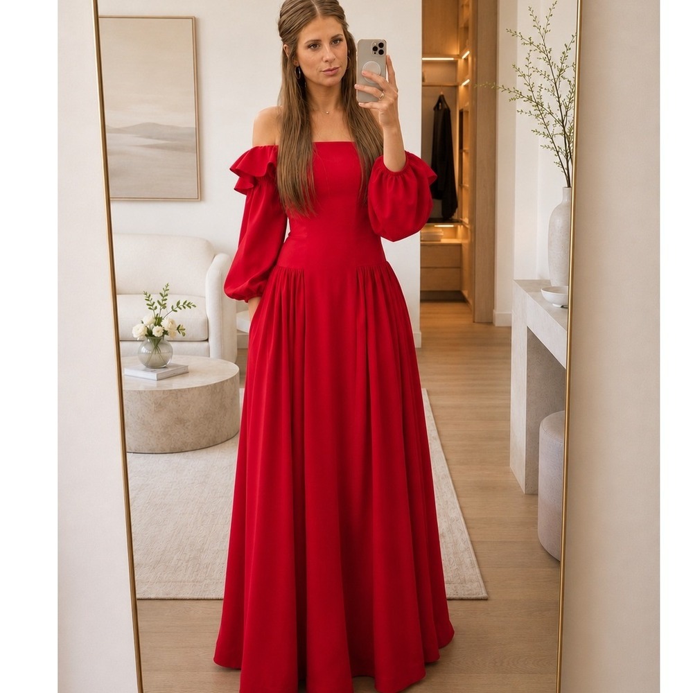 Zac Posen Red Off The Shoulder Puff Sleeve Maxi Dress Size 2 - Picture 1 of 13